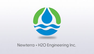 Newterra H2O Engineering logo a bright light blue rain drop with a circle around it formed by a half halo shaped arc in green above wave shapes below