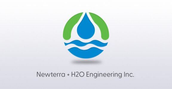 Newterra H2O Engineering logo a bright light blue rain drop with a circle around it formed by a half halo shaped arc in green above wave shapes below