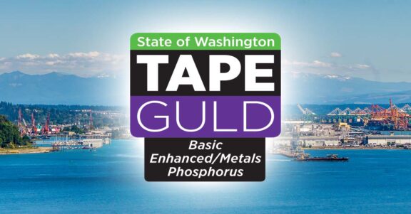 Wisconsin Tape Guild badge graphic with a background of a coastal city