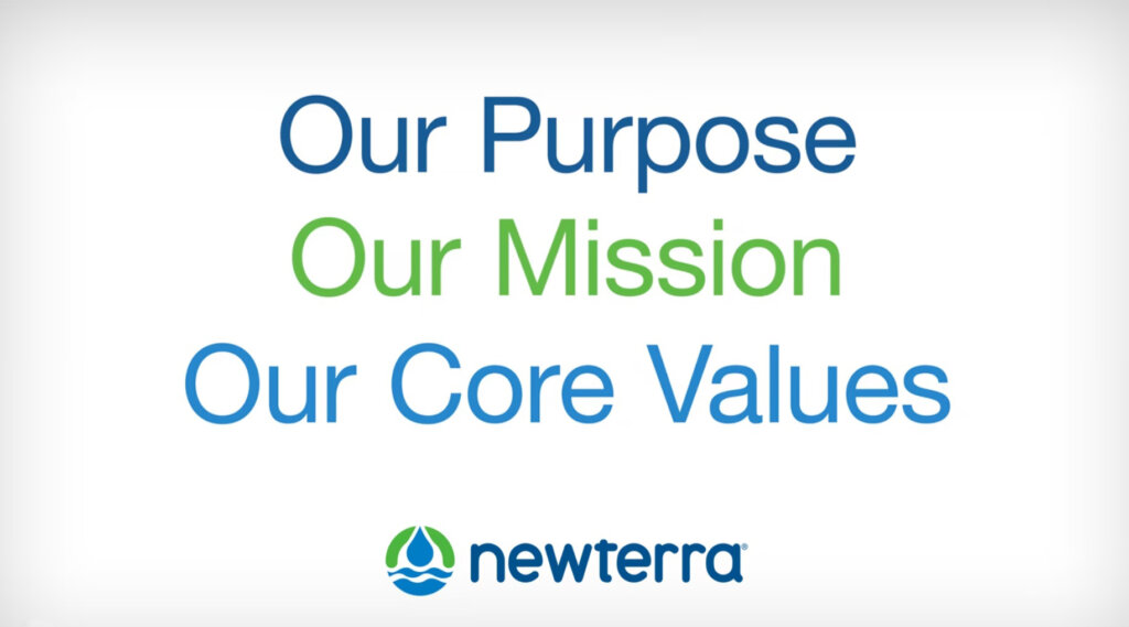 Graphical text; from top to bottom Our Purpose in deep blue, Our Mission in lime green, Our Core Value in bright blue, and the Newterra logo and brand mark
