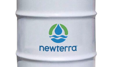 Lidded white metal drum with a blue outlet plug branded with Newterra brand name and logo