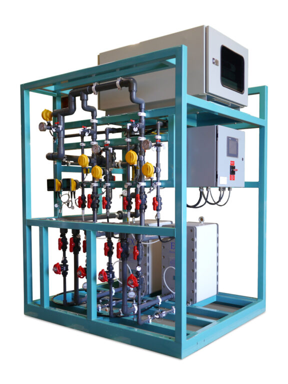 A product image with white background consisting of a cyan metal frame supporting electrodeionization technology comprised of processing units connected with various pipes with turn valves and gauges