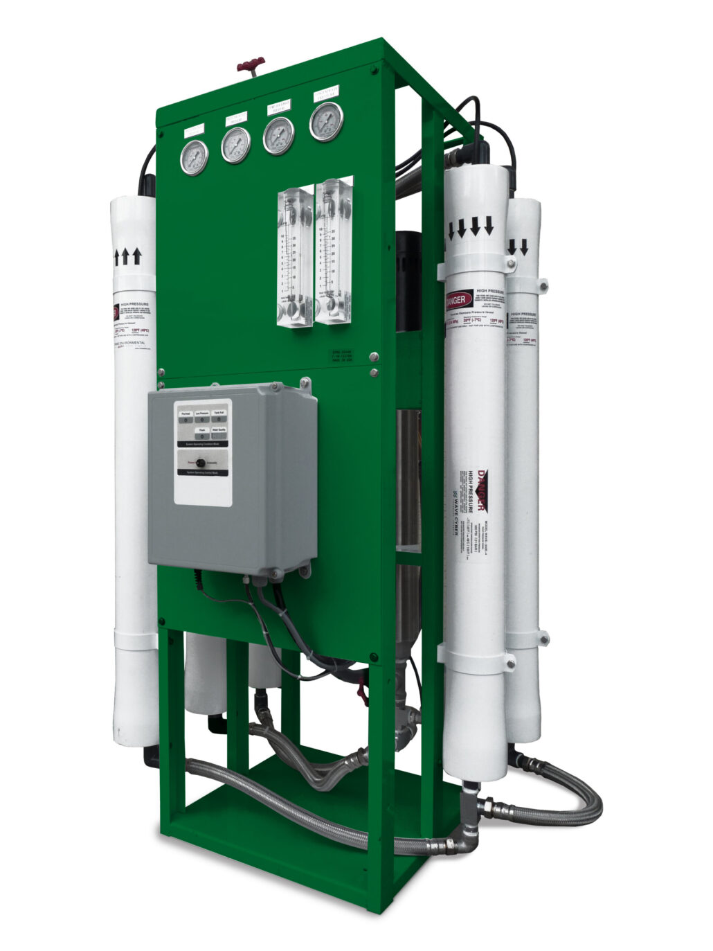 A product image with a white background of an EPRO reverse osmosis water filtration system consisting of a green metal frame with five vertically oriented water filters connected by metal hoses with an electrical panel with gauges