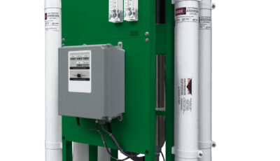 A product image with a white background of an EPRO reverse osmosis water filtration system consisting of a green metal frame with five vertically oriented water filters connected by metal hoses with an electrical panel with gauges
