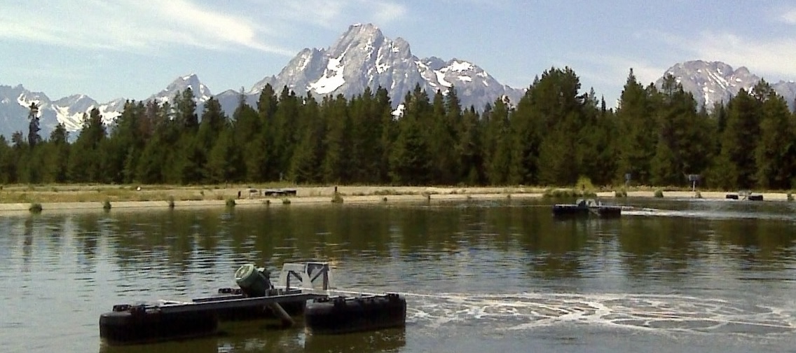 a panoramic shot of float mounted aerators at a remote location near Grand Teton