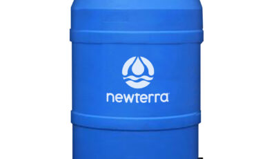 A lidded blue barrel branded with Newterra logo and a black outflow plug