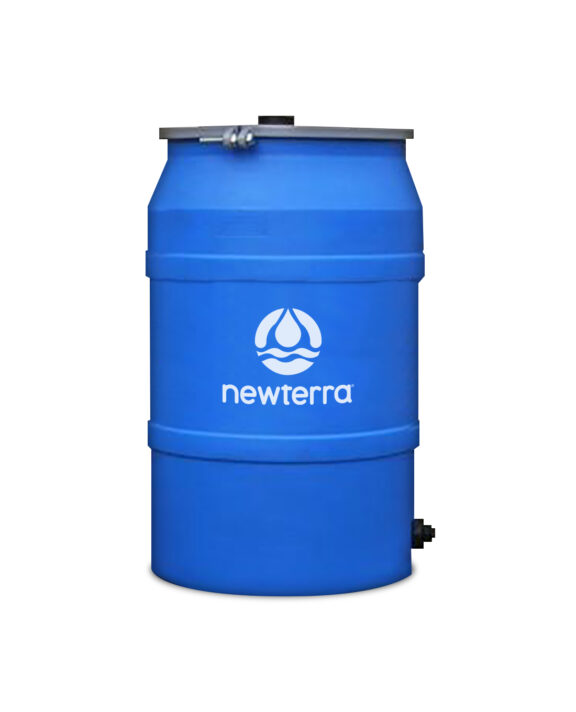 A lidded blue barrel branded with Newterra logo and a black outflow plug
