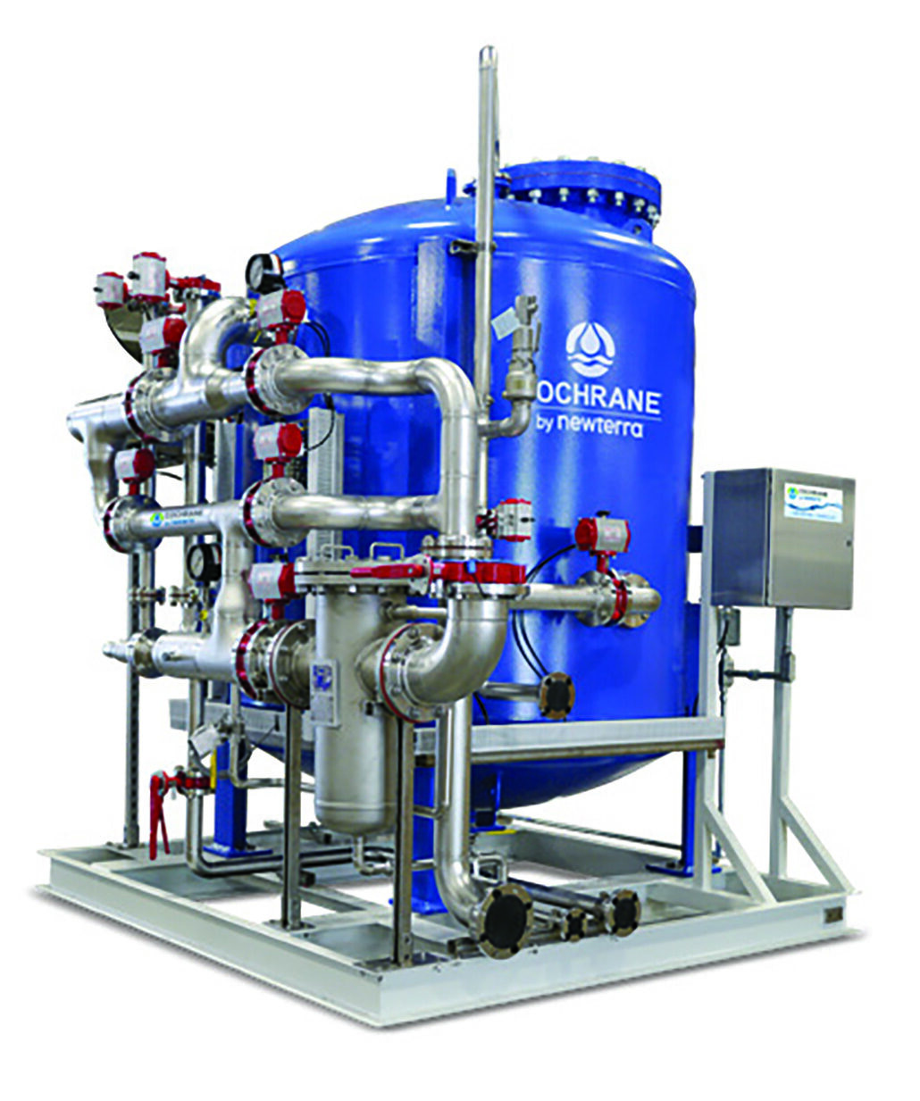 Product image with white background of a Cochrane by Newterra Ion exchange unit consisting of a metal frame supporting a blue elevated vessel connected to pipes of various sizes with gauges, levered valves and an electrical box