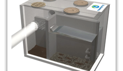 Illustration of a passive gravity separator to remove oil, grit, and other contaminants from stormwater consisting of a concrete box with divisions to direct water containing sediment to various areas of the box and allowing the cleaned water to be pumped out without the use of power