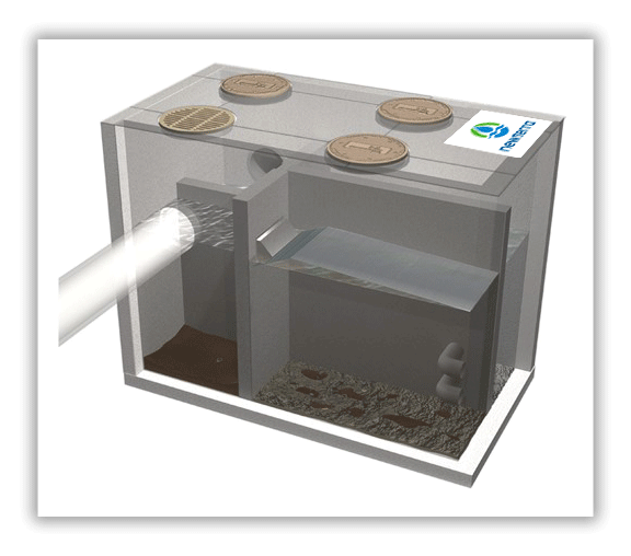 Illustration of a passive gravity separator to remove oil, grit, and other contaminants from stormwater consisting of a concrete box with divisions to direct water containing sediment to various areas of the box and allowing the cleaned water to be pumped out without the use of power