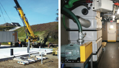 Two images; Left: a decentralized membrane modular bioreactor being placed on a concrete slab by a crane, Right: The interior the MBR containing various filters in plastic or metal housing