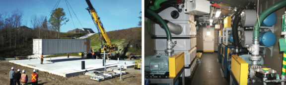 Two images; Left: a decentralized membrane modular bioreactor being placed on a concrete slab by a crane, Right: The interior the MBR containing various filters in plastic or metal housing