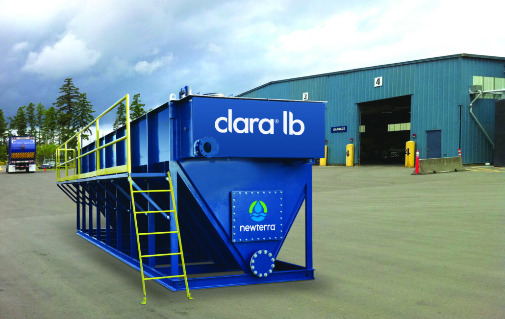 Newterra's Clara Long Box Separator consisting of a filter like a shipping container with a V like base and ladder to view the interior of the box