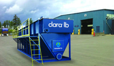 Newterra's Clara Long Box Separator consisting of a filter like a shipping container with a V like base and ladder to view the interior of the box