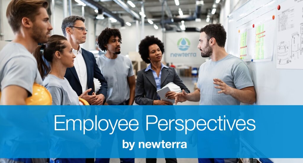 Image with text overlay; a project manager presents to a group of executives, engineers, and technicians with Employee Perspectives by Newterra in white text overlaid the bottom third of the image on top of a semi-transparent blue banner