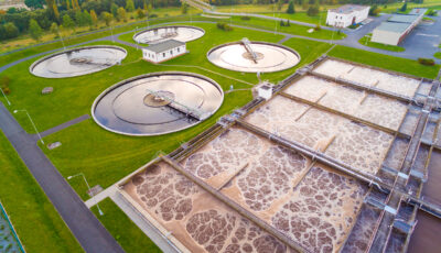 Aerial view of public sewage treatment plant for 165, 000 inhabitants of Pilsen city in Czech Republic, Europe. Environment and industry from above.