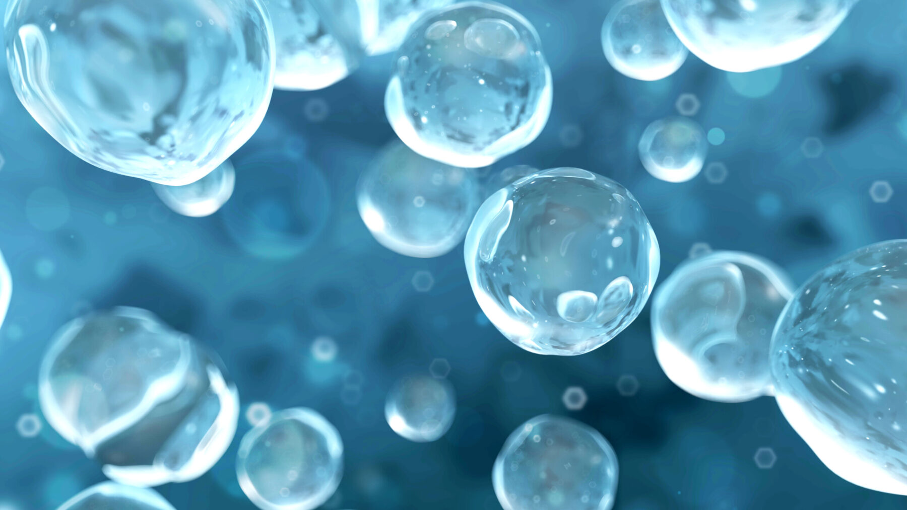 Close up of water bubbles in a field of water