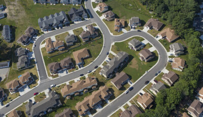 Aerial view of suburban housing development