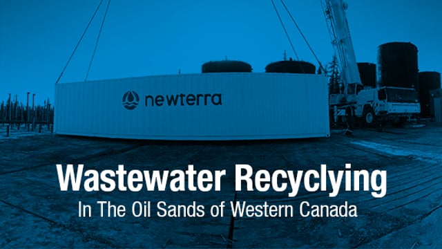 Card with image and text with image of a Newterra branded open top water tank overlaid with blue gradient and Wastewater Recycling overtop In The Oil Sands of Western Canada