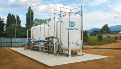 Four Newterra branded white tanks treat water for PFAS outdoors