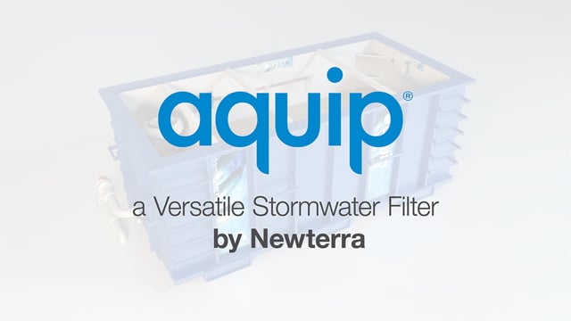 Image and text card of Aquip versitile stormwater filter by Newterra over a modular filtration unit