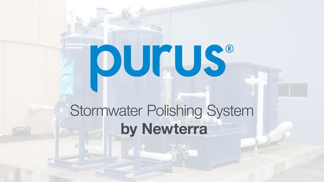 Card image with text for Purus Stormwater Polishing System by Newterra, text in various styles overlays an image of the polishing system
