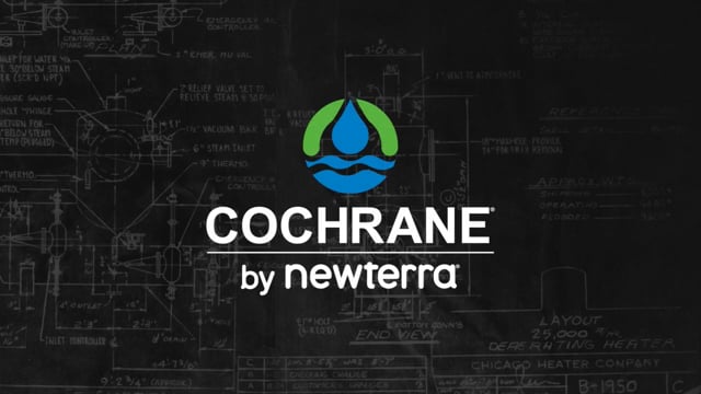 Cochrane brand name over by Newterra accompanied by Newterra logo with dark black background with chalk line drawing of wastewater treatment schematics