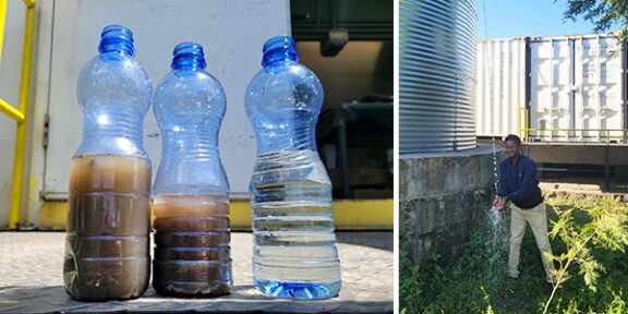 Two images: Left: three blue single use plastic bottles with various levels of water containing sediment, Right: a person of color collects clean water from an above ground cistern next to a modular wastewater treatment system