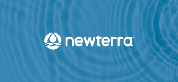 Newterra logo and brand mark in white centered in blue water ripple background