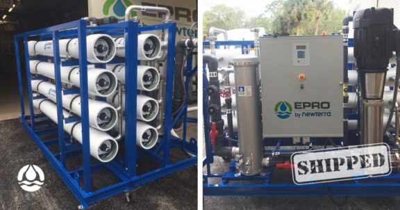 A split image showing Newterra's EPRO technologies, on left is a partial water treatment displaying a blue open crate dollied structure containing water treatment pipes, on the right is a shipped system containing an electrical control panel and additional components