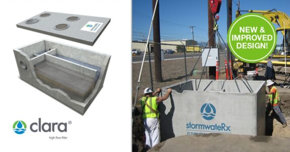 Split image of a 3D model of Newterra's Clara high flow filter, a concrete container with divisions and a lifted lid fitted with four input screens to the left of a image of two installers guiding the concrete tank into place with the help of a crane with a call out circle in lime green with New & Improved Design! in white text in the upper right of the photograph
