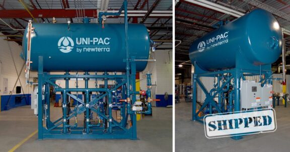 Split image showing the Newterra Uni-Pac system before shipment and after shipping, base elevated tank and structure on the left and the same product with electrical panels and other components on the right with the word Shipped placed to convey the product in its shipped state.