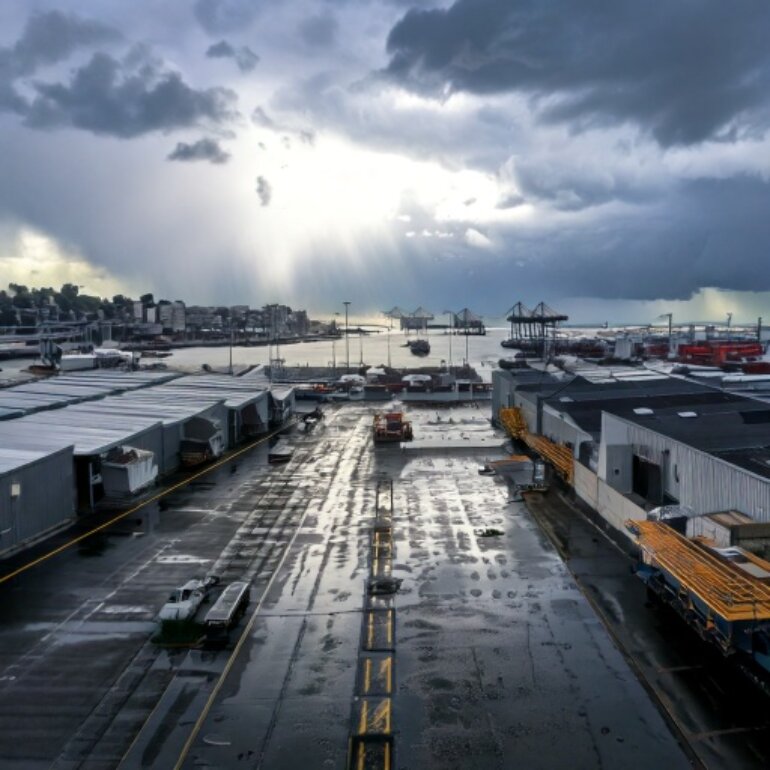 A view of a rainy day overhead a Washington state port facility