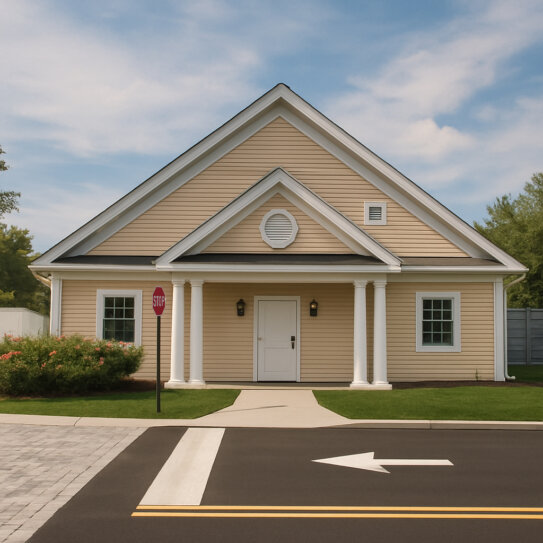 This image shows a small, clean, and well-maintained utility or public works building designed to blend into a residential or suburban environment. It has the appearance of a traditional house