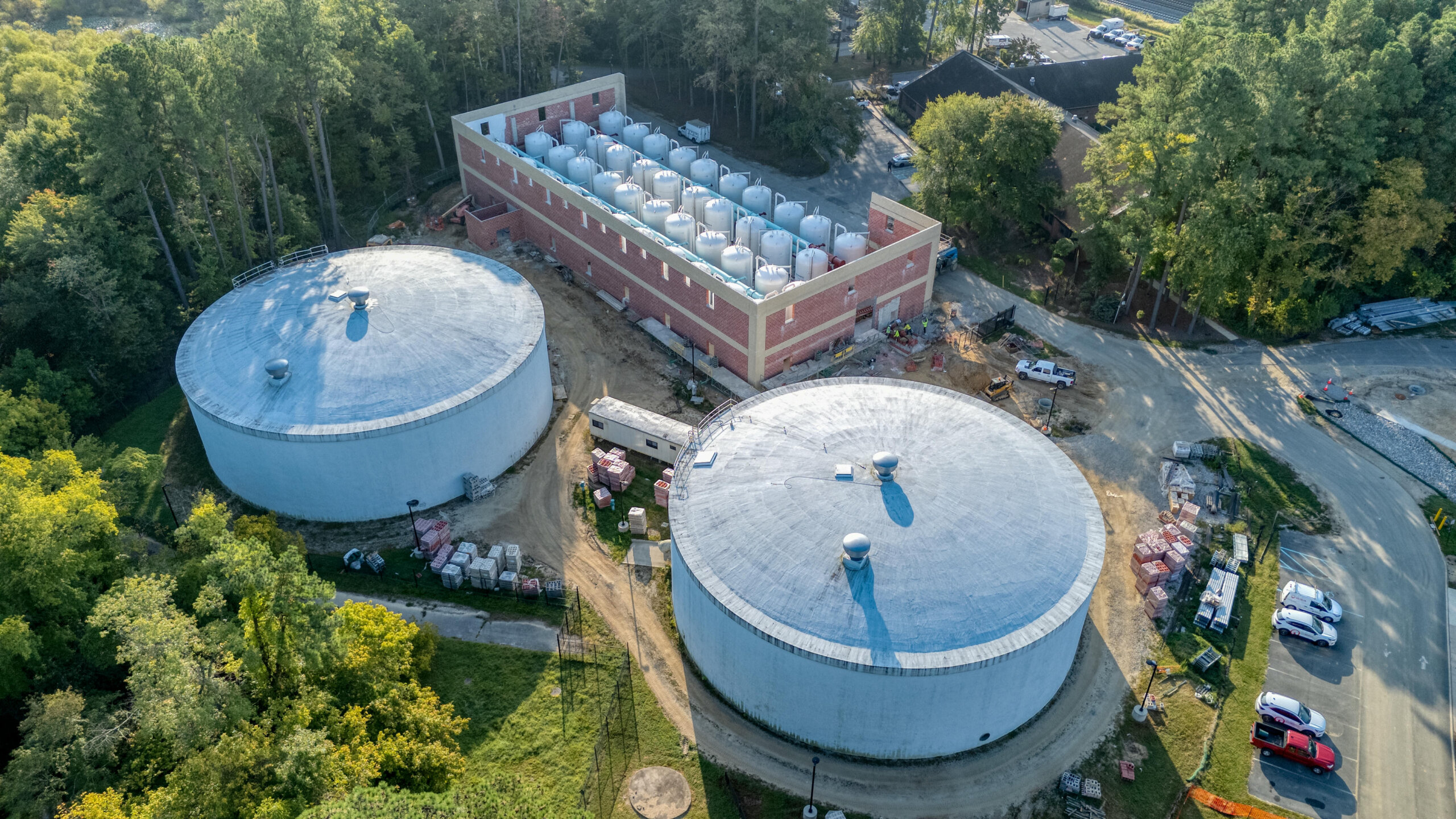 an aerial view of many pressure vessels
