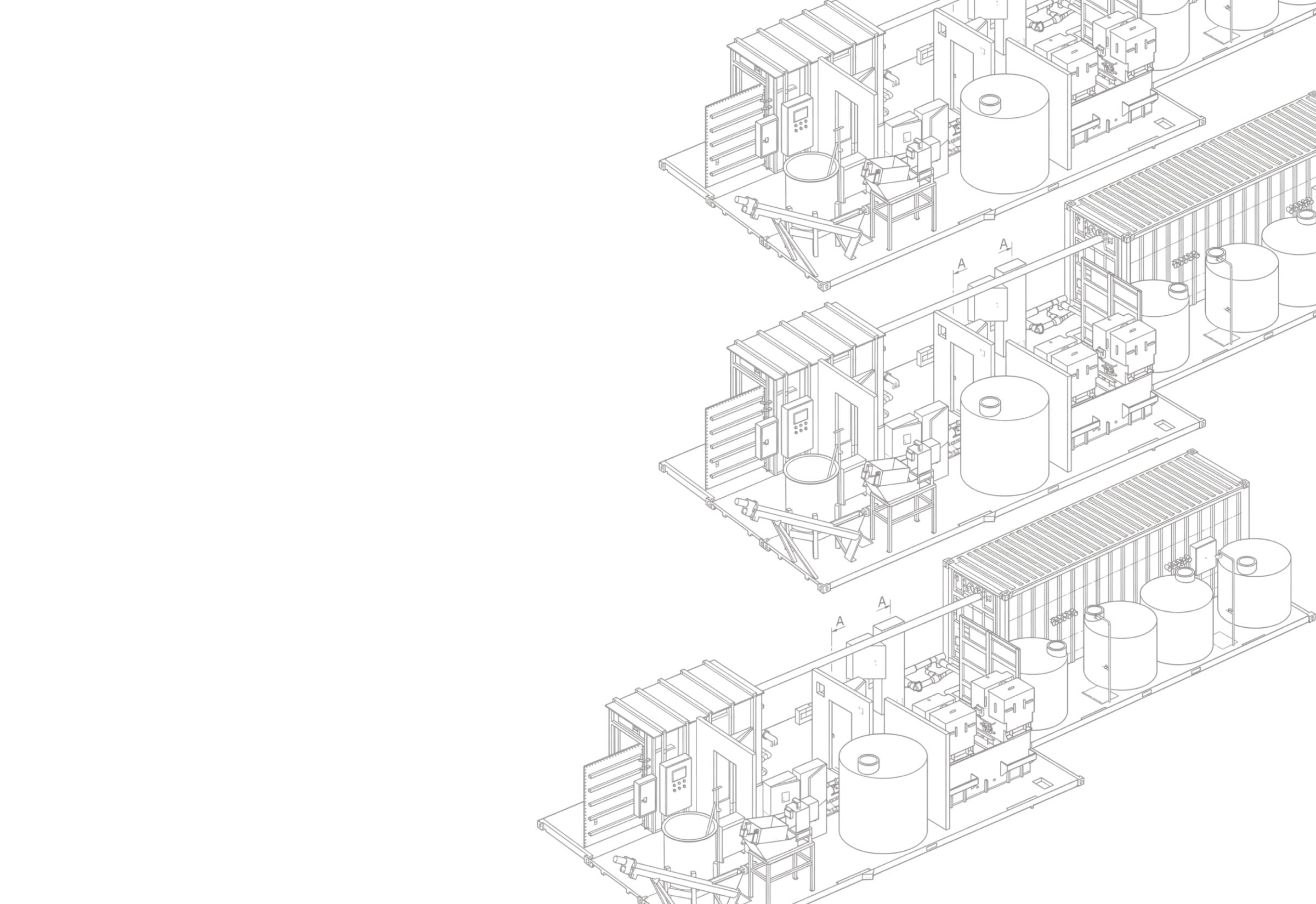 Isometric line drawing of an industrial processing plant with tanks, platforms, and machinery.