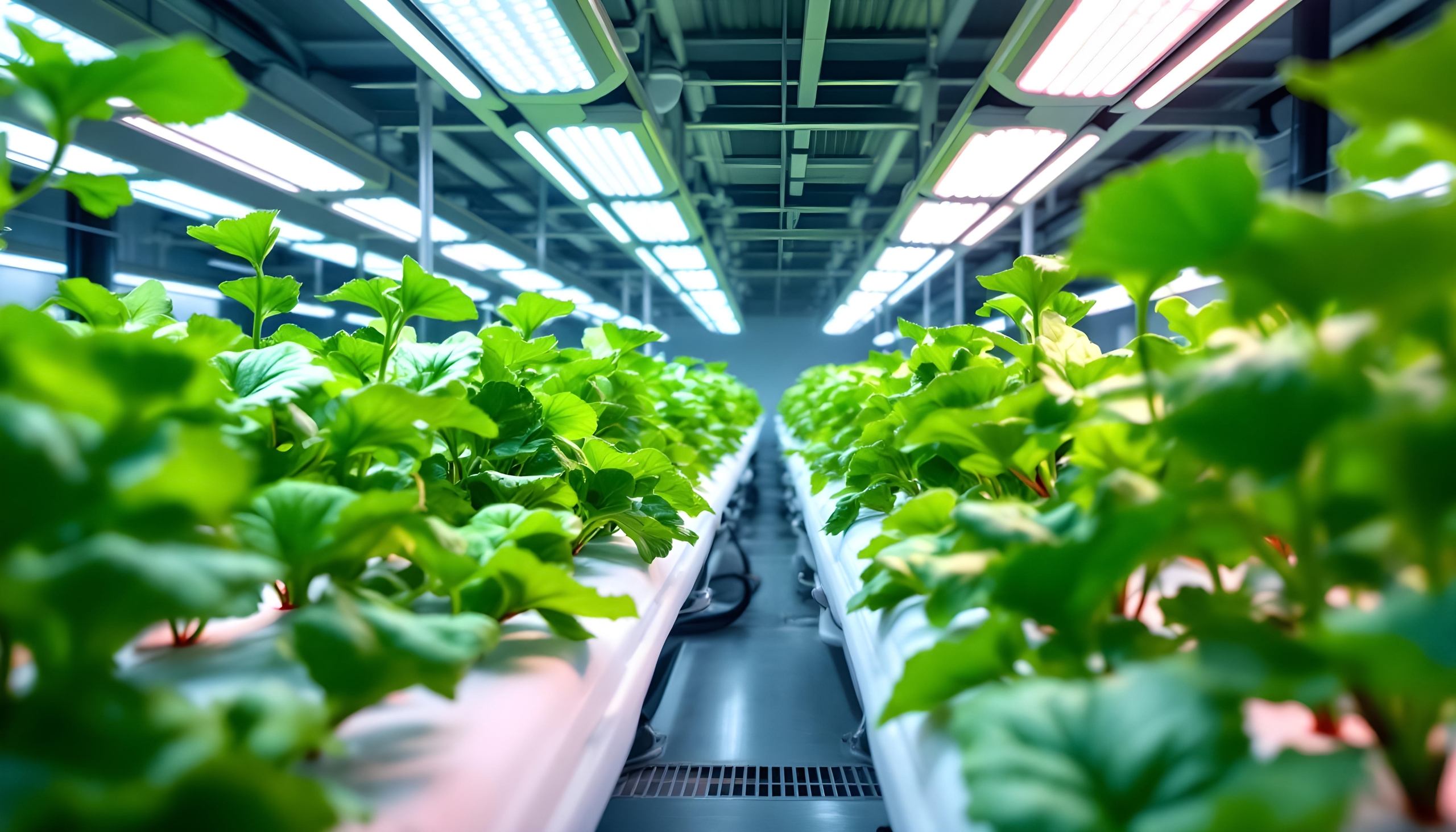 Indoor greenhouse with rows of leafy greens under bright grow lights viewed down a central aisle
