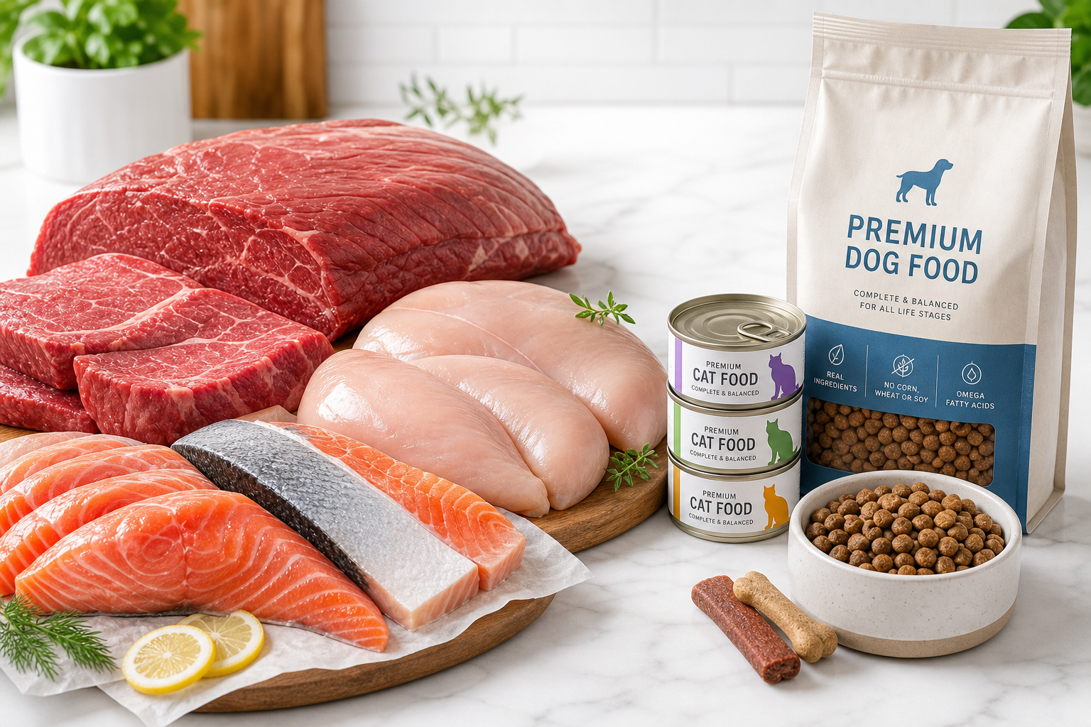 Assortment of raw meats (beef, chicken, salmon) and pet food cans and kibble on a kitchen counter.