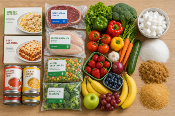 Assorted groceries on a wooden table, including boxed meals, frozen meat, canned soup, produce, fruit, and pantry staples.