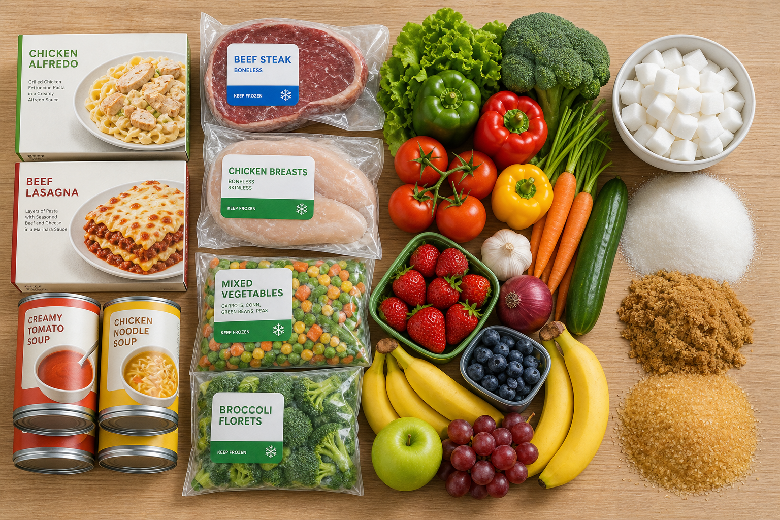 Assorted groceries on a wooden table, including boxed meals, frozen meat, canned soup, produce, fruit, and pantry staples.