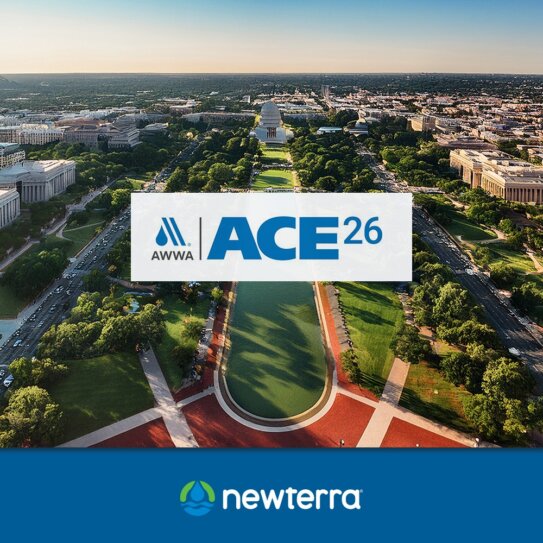 Aerial view of Washington, D.C. with the Capitol dome in the center, overlaid with 'AWWA ACE26'; Newterra branding at the bottom.