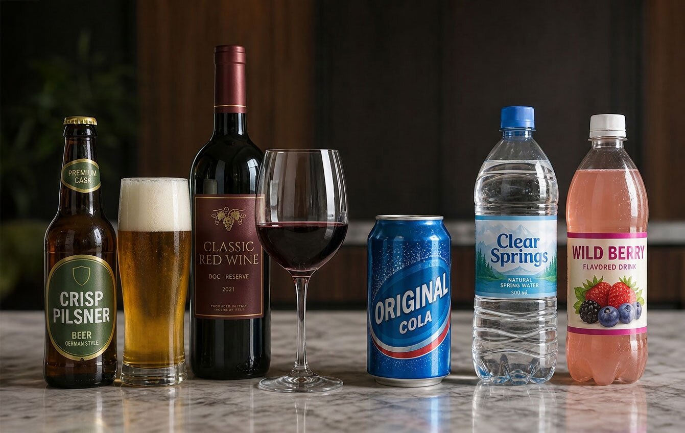 Assorted beverages on a marble counter: Crisp Pilsner beer, a beer glass, a bottle of Classic Red Wine, a glass of red wine, Original Cola can, Clear Springs water, and Wild Berry flavored drink bottle.