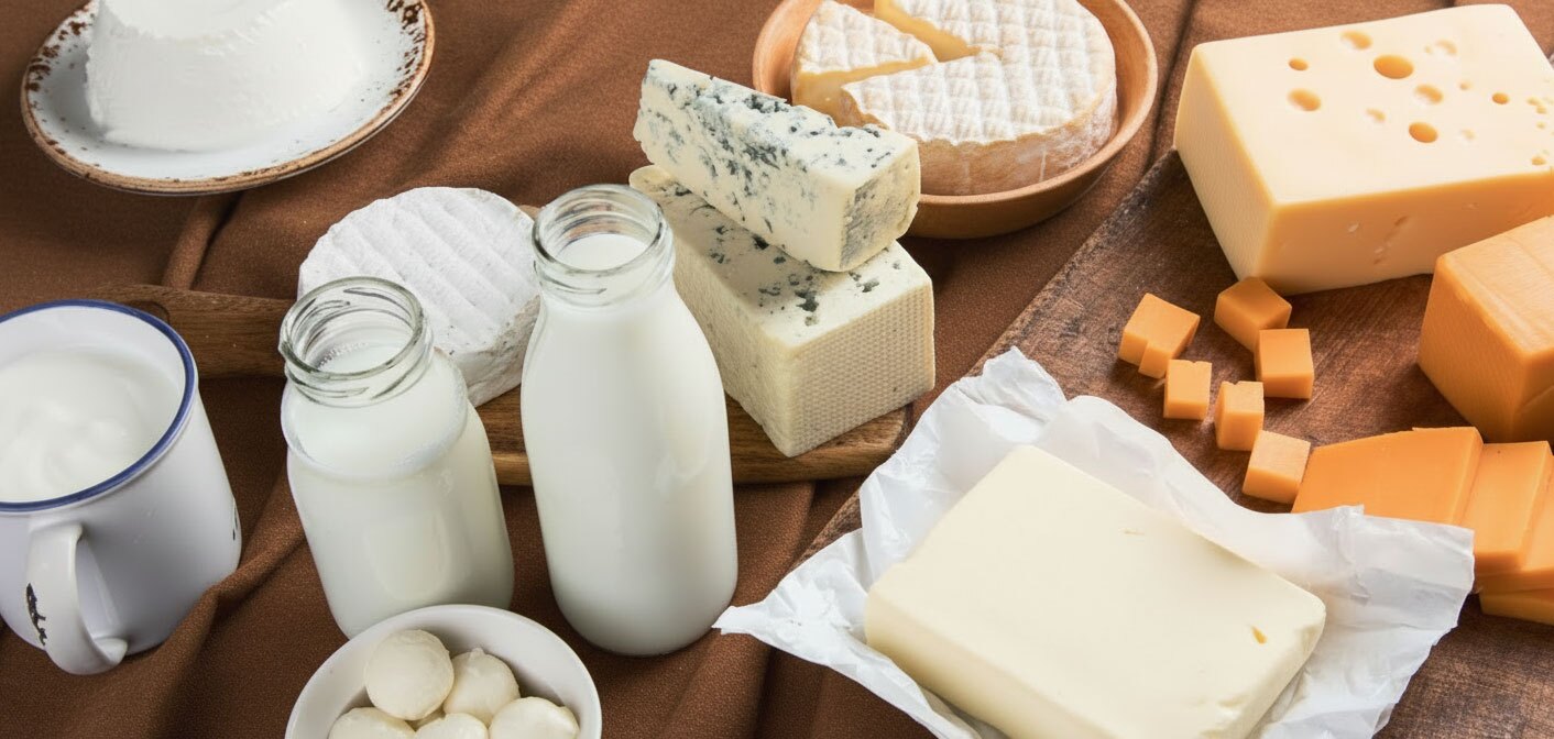 Assorted dairy spread on a wooden board: milk bottles, a mug of milk, yogurt cup, various cheeses and butter blocks/crumbs.
