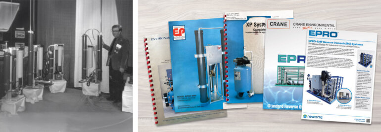 Black-and-white photo of a man examining tall industrial cylinders on stands, with lab equipment; to the right, a stack of blue product catalogs about environmental systems (EPRO/CRANE).