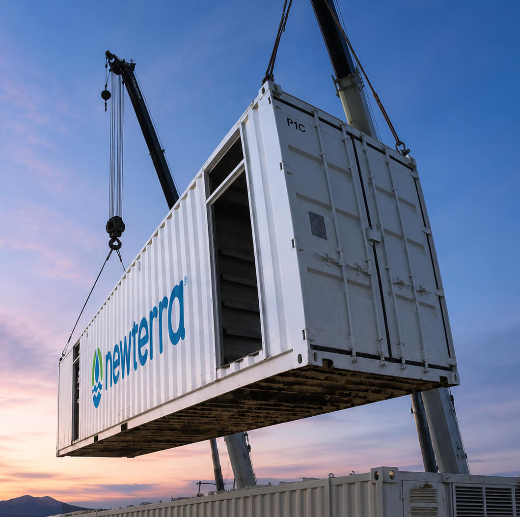White shipping container logoed 'newterra' being lifted by cranes against a blue sunset sky, at a construction site.