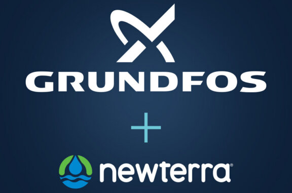Grundfos logo above a plus sign and the Newterra logo on a dark blue gradient background, indicating a partnership.