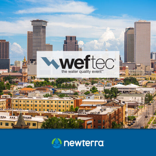City skyline with a translucent banner reading 'weftec the water quality event' over the middle and a blue Newterra banner along the bottom.