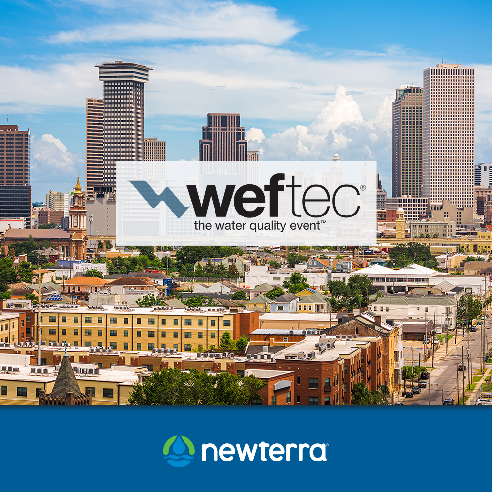 City skyline with a translucent banner reading 'weftec the water quality event' over the middle and a blue Newterra banner along the bottom.