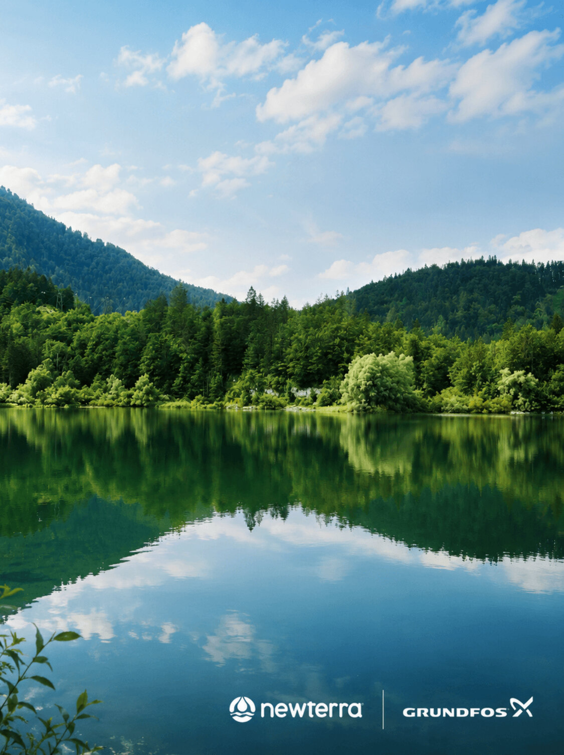 Tranquil lake reflecting forested hills and blue sky with white clouds; logos for newterra and Grundfos at the bottom.