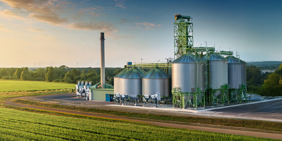 Grain silo complex with metal silos and green framework beside a rural road at sunset.